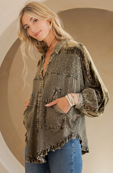 Gravel Bohemian Stonewashed Rayon Bat Sleeves Top