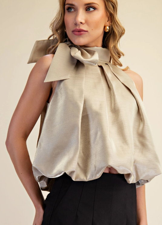 Taupe High Neck Tie Wrap Balloon Sleeveless Top