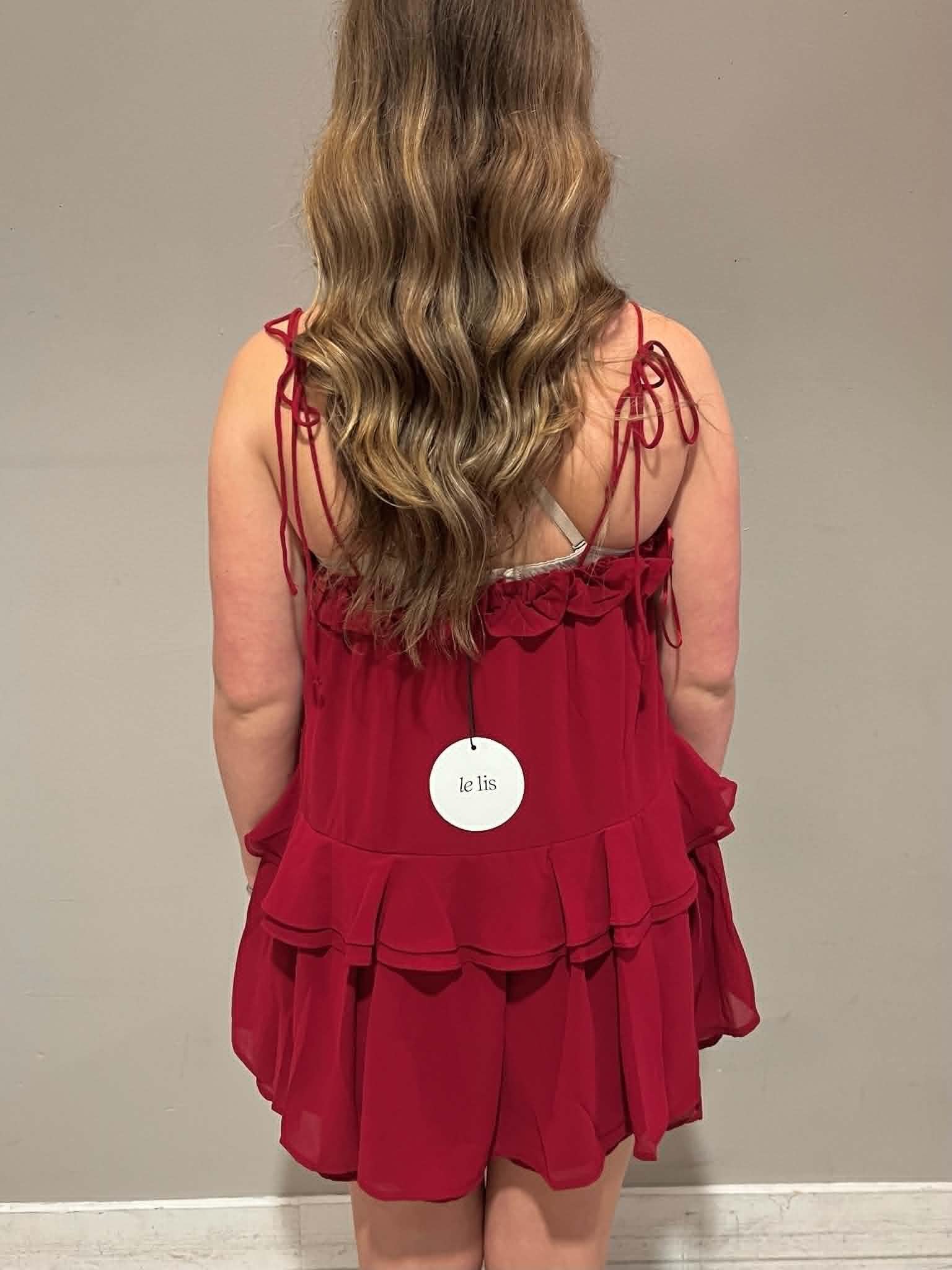 Crimson Ruffle Detail Shoulder Tie Flare Romper