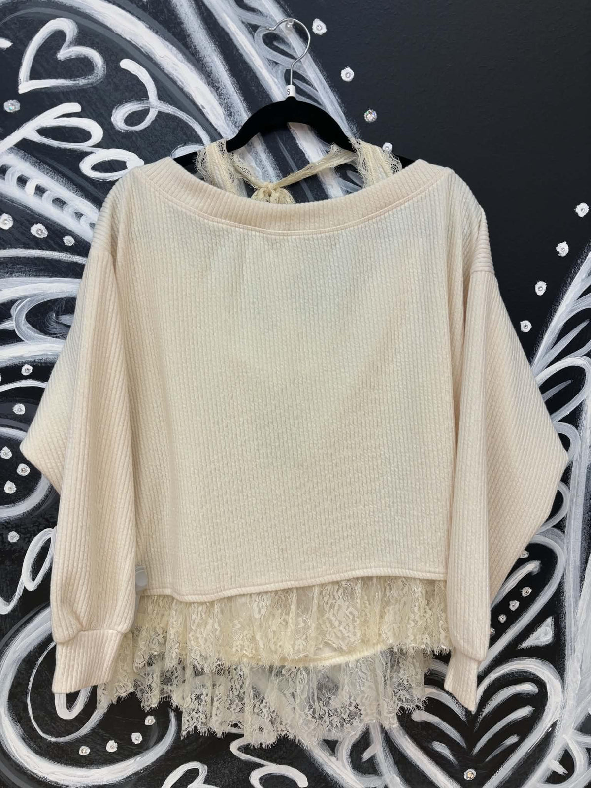 CREAM LAYERED HALTER LACE NECK OFF-SHOULDER KNIT TOP