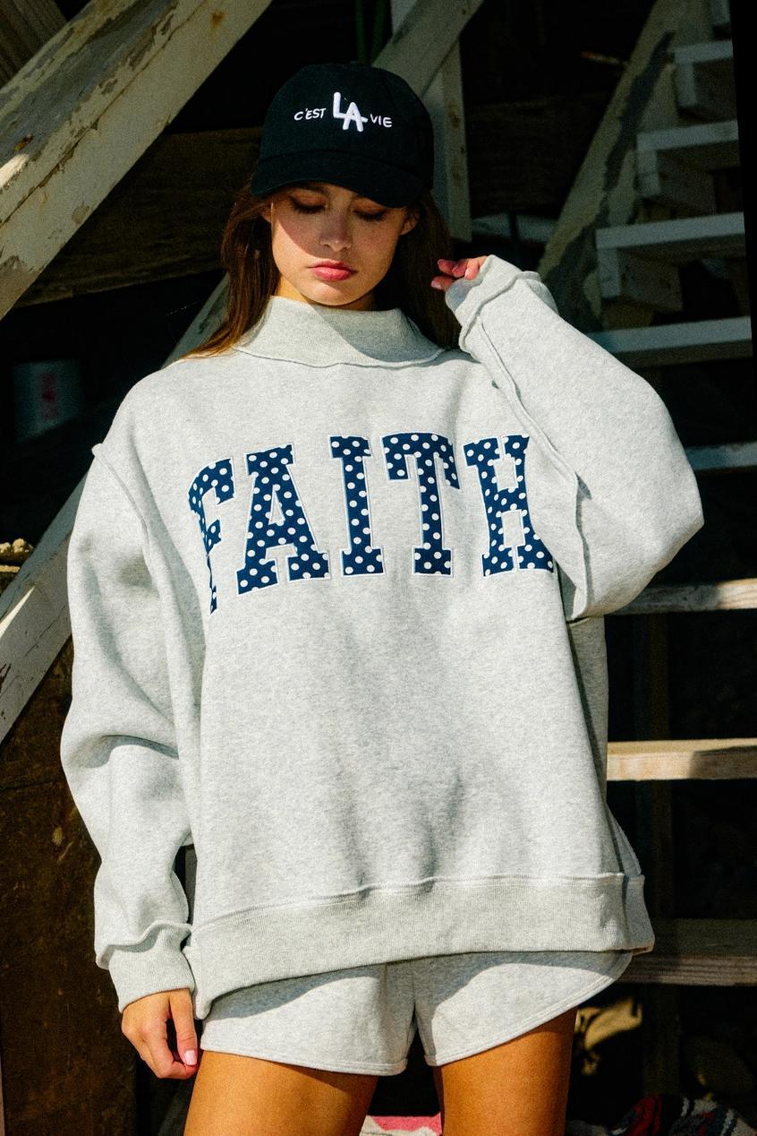 "Faith" Embroidered Polka-Dot Mock Neck Sweatshirt