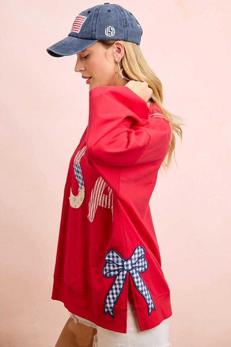 Red 4th of July Pattern Patch Bow Sides Sweatshirt