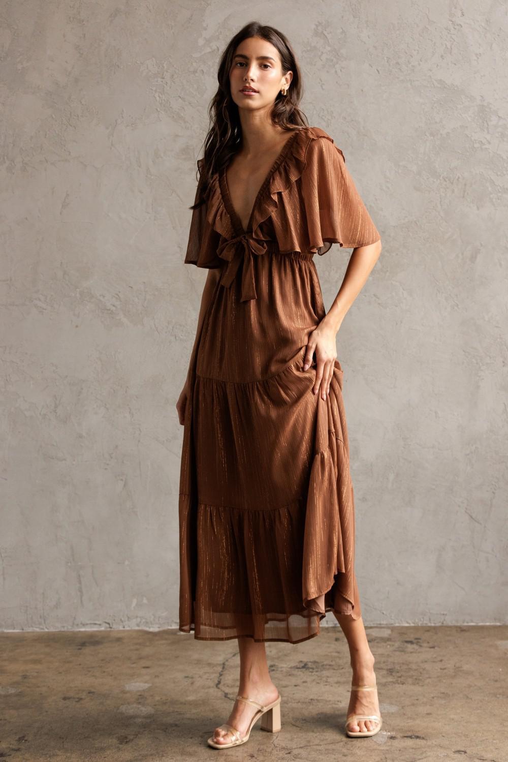 Shimmer Brown Metallic Tiered Midi Dress
