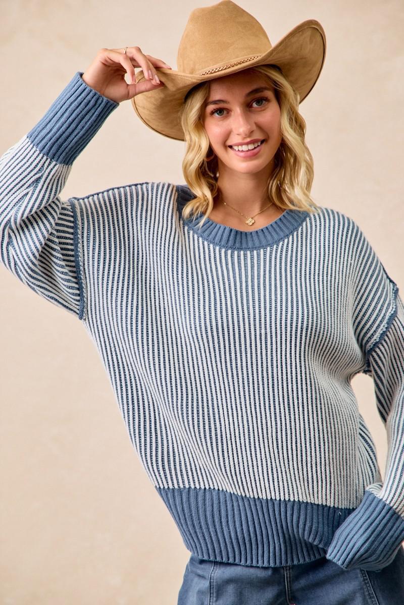 Dusty Blue Two-Tone Rib Knit Sweater