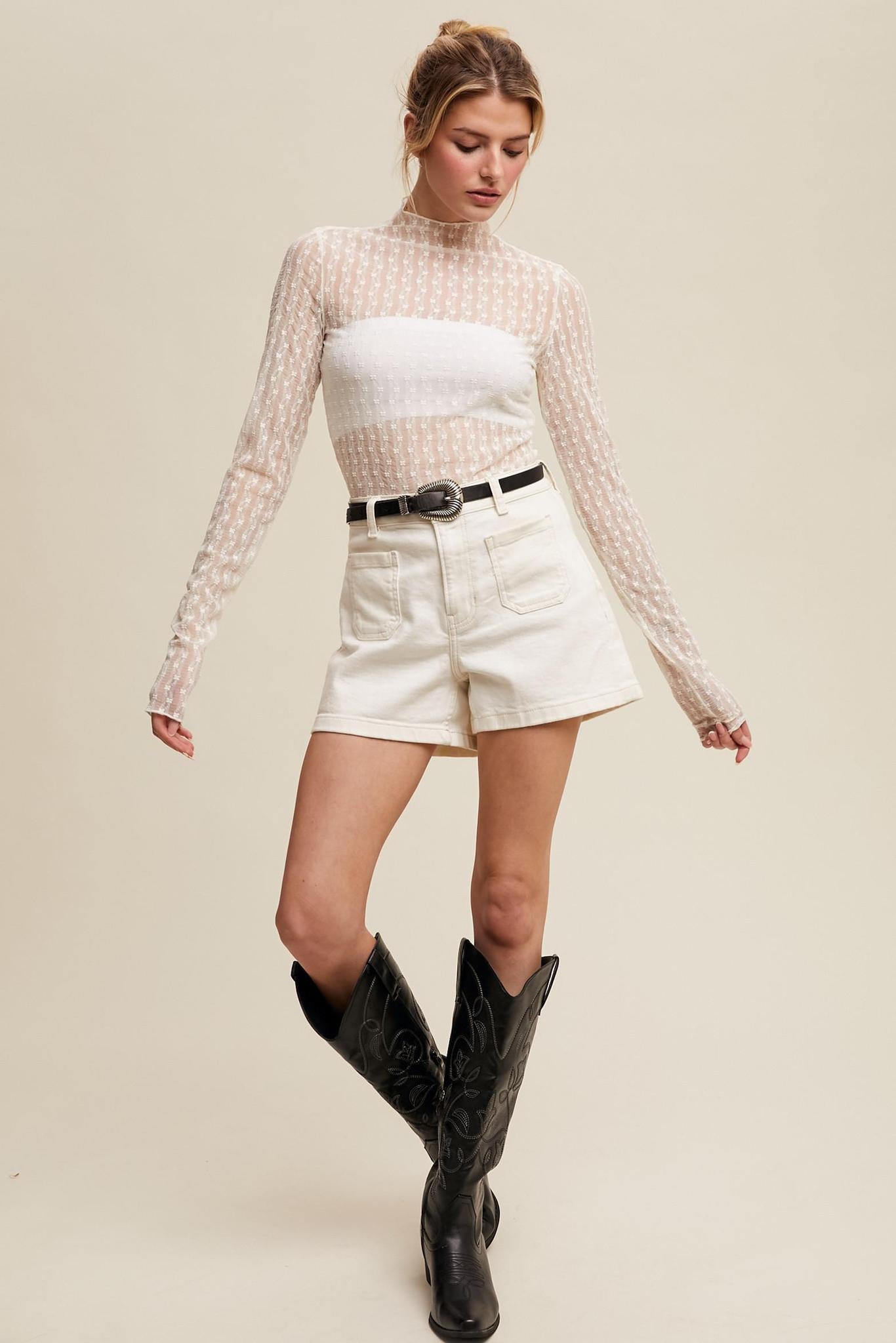 Sheer Textured Lace Long-sleeve Top
