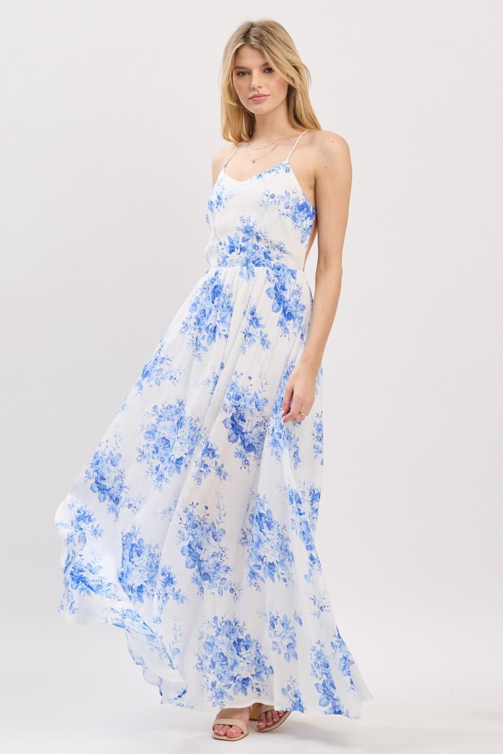SLEEVELESS BLUE FLOWER PRINT MAXI DRESS