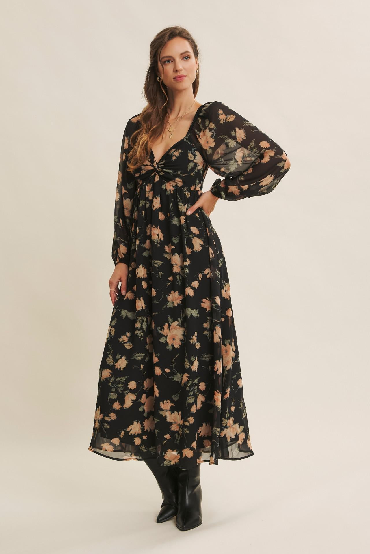 Crepe Chiffon Midi Dress With Knotted Bust