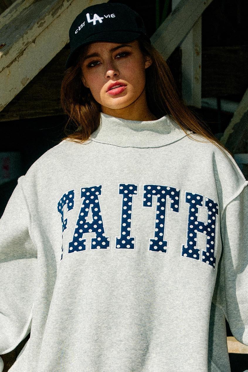 "Faith" Embroidered Polka-Dot Mock Neck Sweatshirt