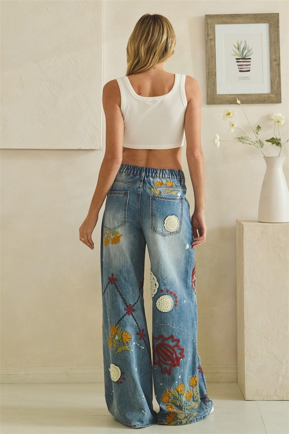 Washed Embroidery Wide Leg Denim Pants