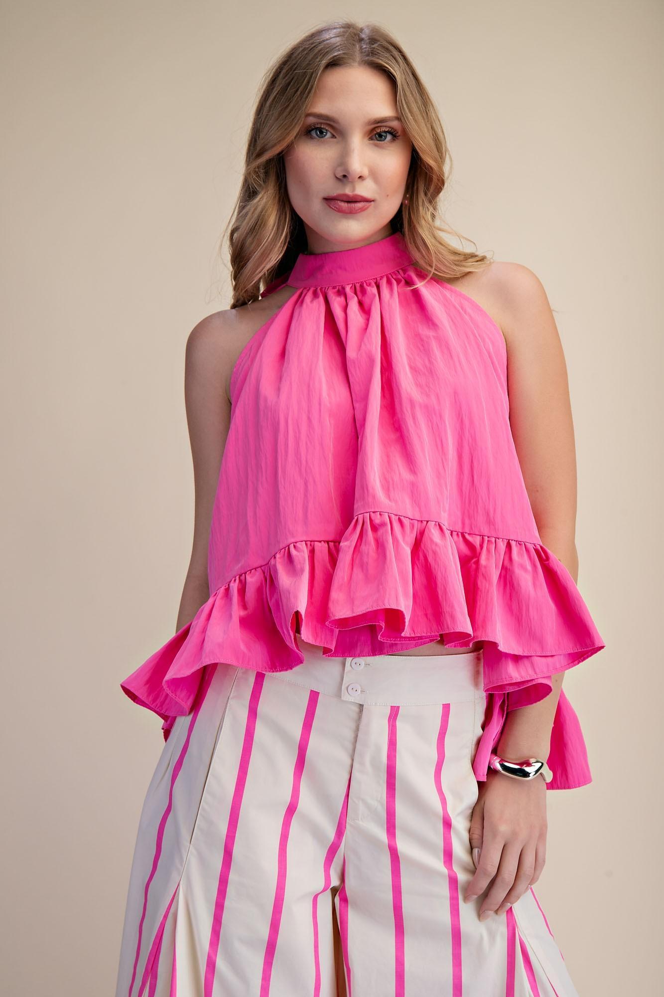 Pink Halter Neck Sleeveless Ruffle Top