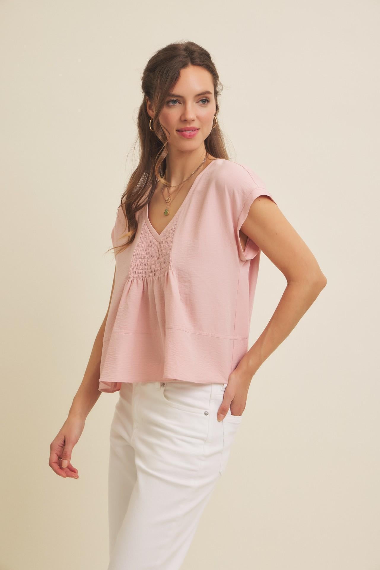 Flowy Oversized Blouse With Smocked Detail - Blush