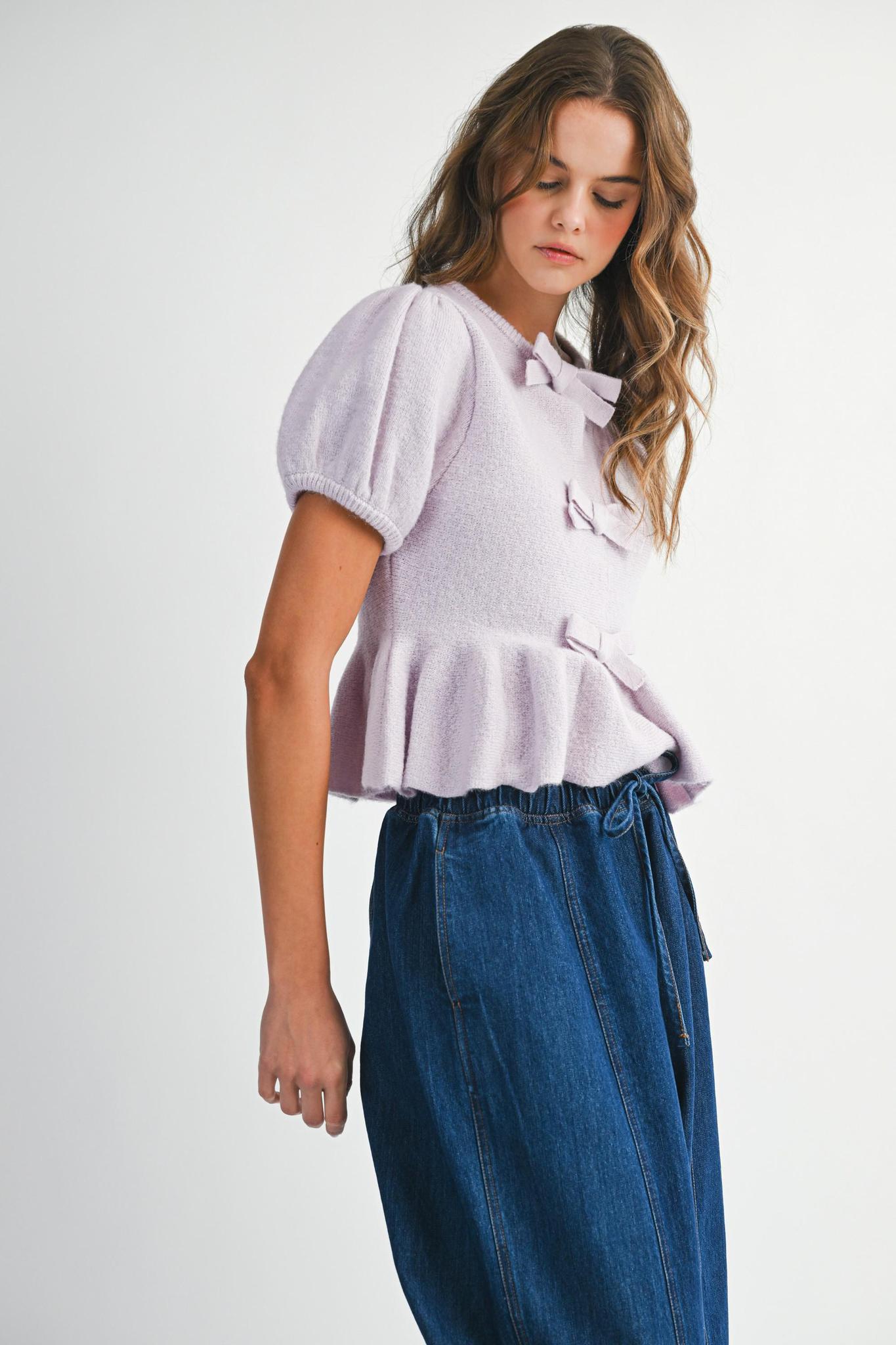 Lavender Knit Puff Sleeve Bow Detail Peplum Top