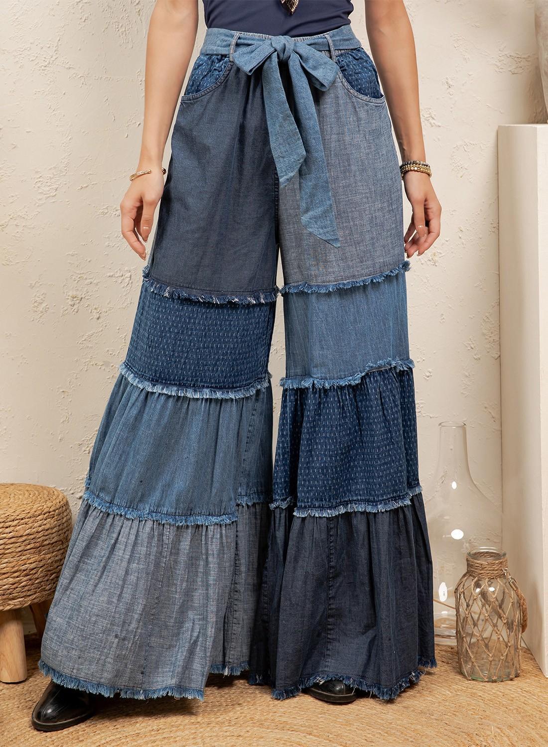 Boho Mixed-wash Multi-tier Denim Tie-waist Bell-bottom Pant