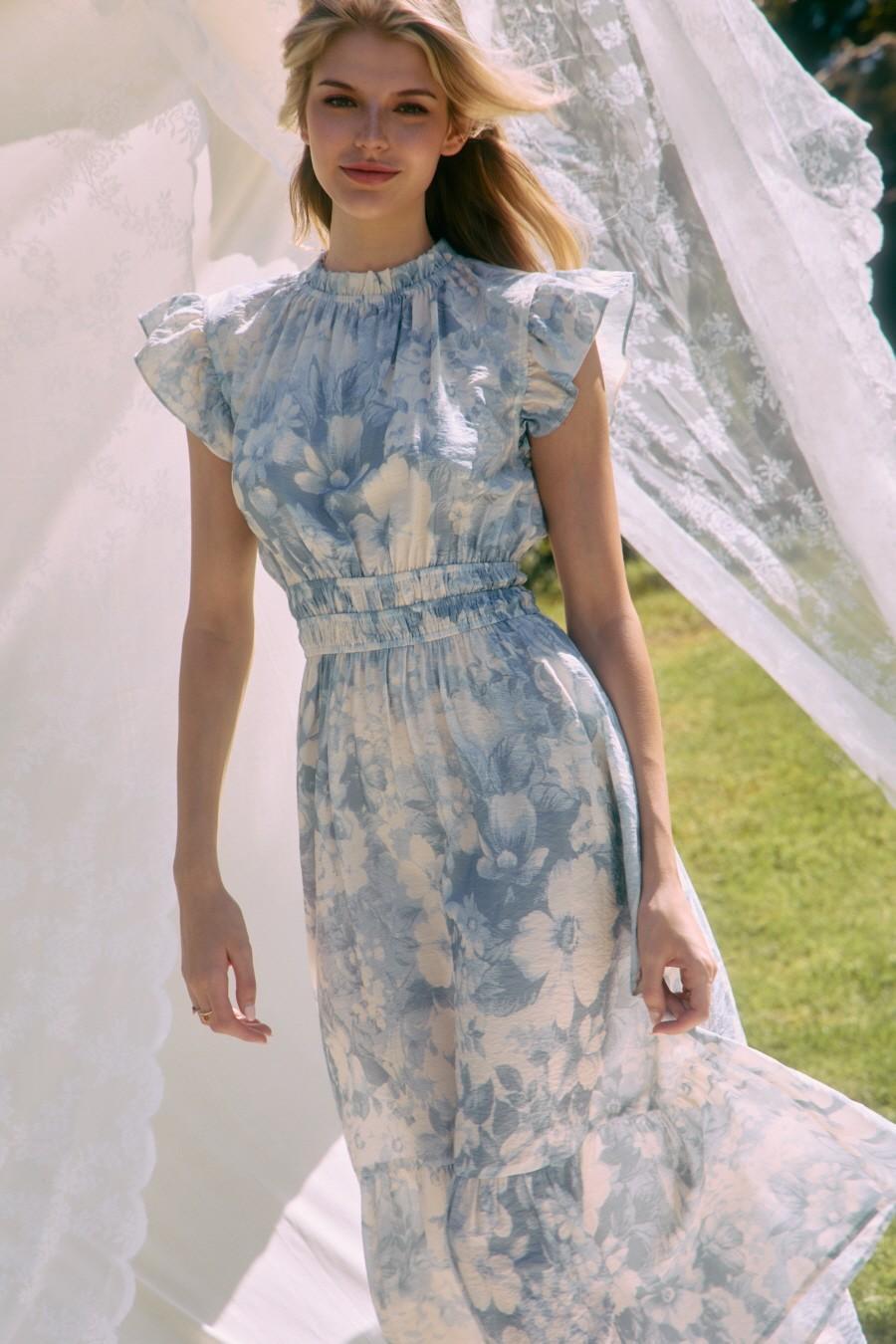 Sky Blue Floral Tiered Midi Dress