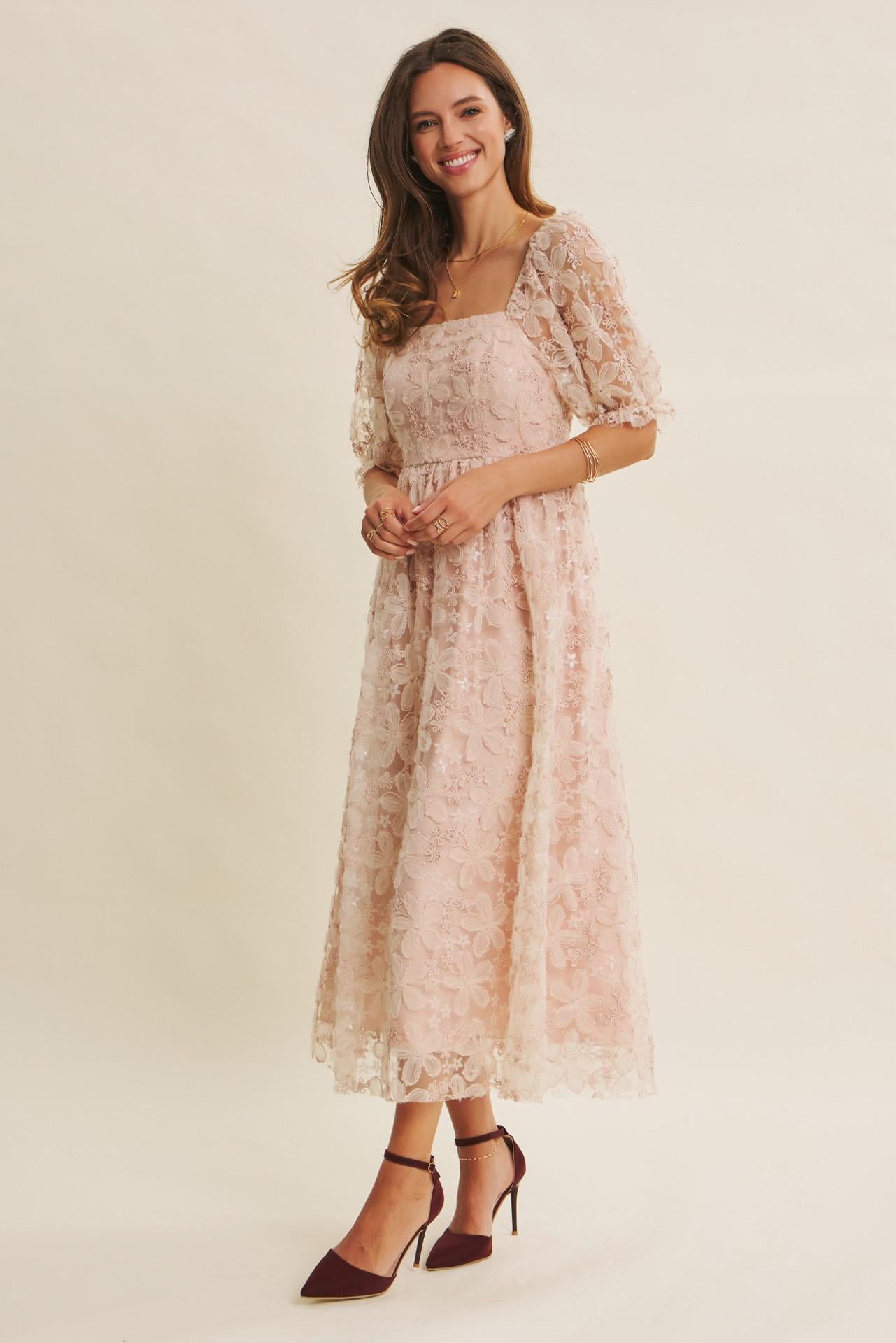 Dusty Pink Sheer Floral Sequin Midi Dress