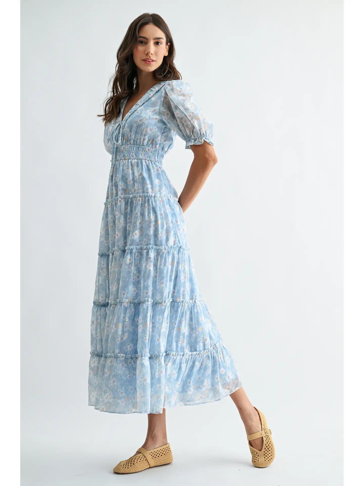 Blue Floral Maxi Dress with Puff Sleeves