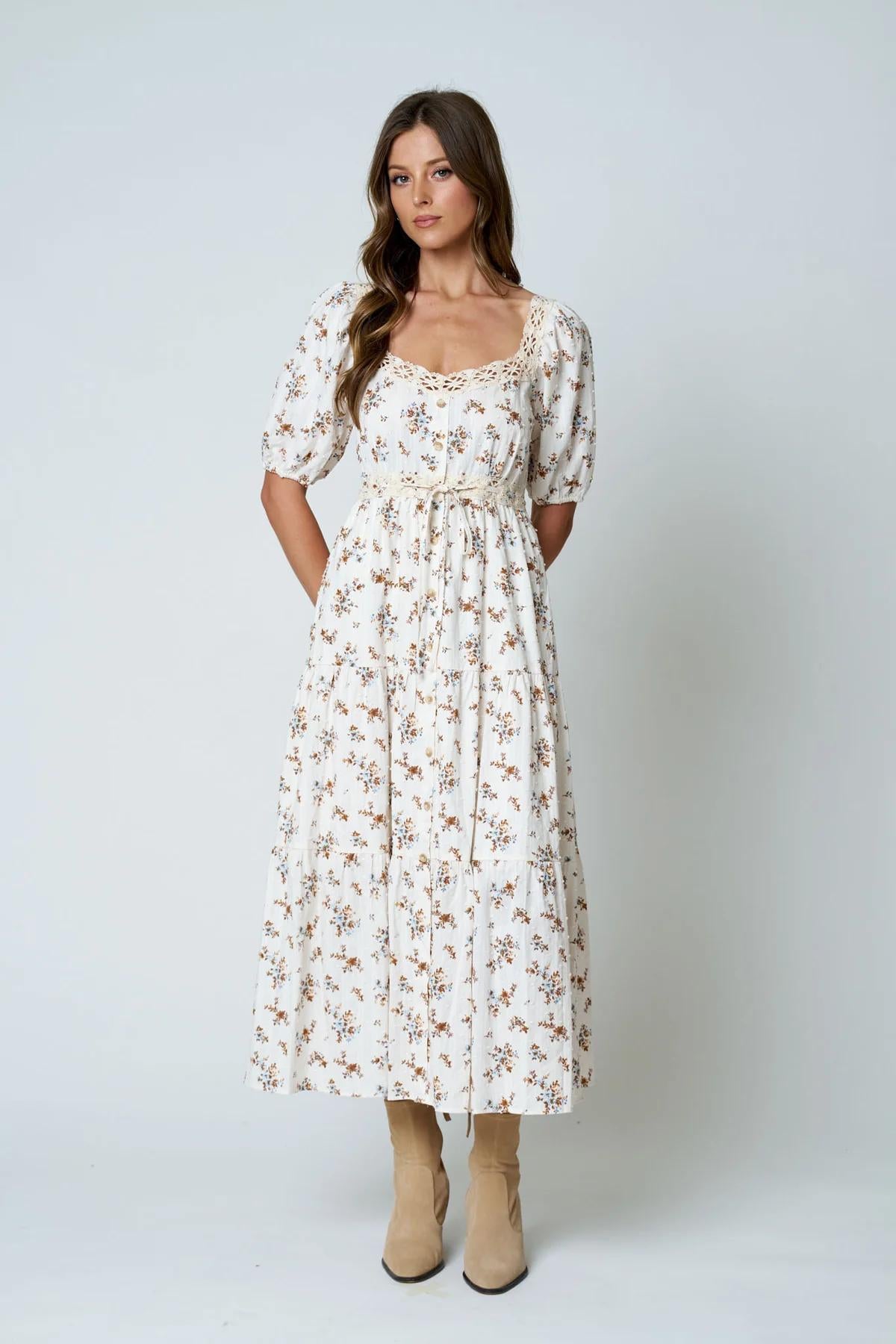 CREAM FLORAL CLIP DOT CROCHET LACE TRIM MIDI DRESS