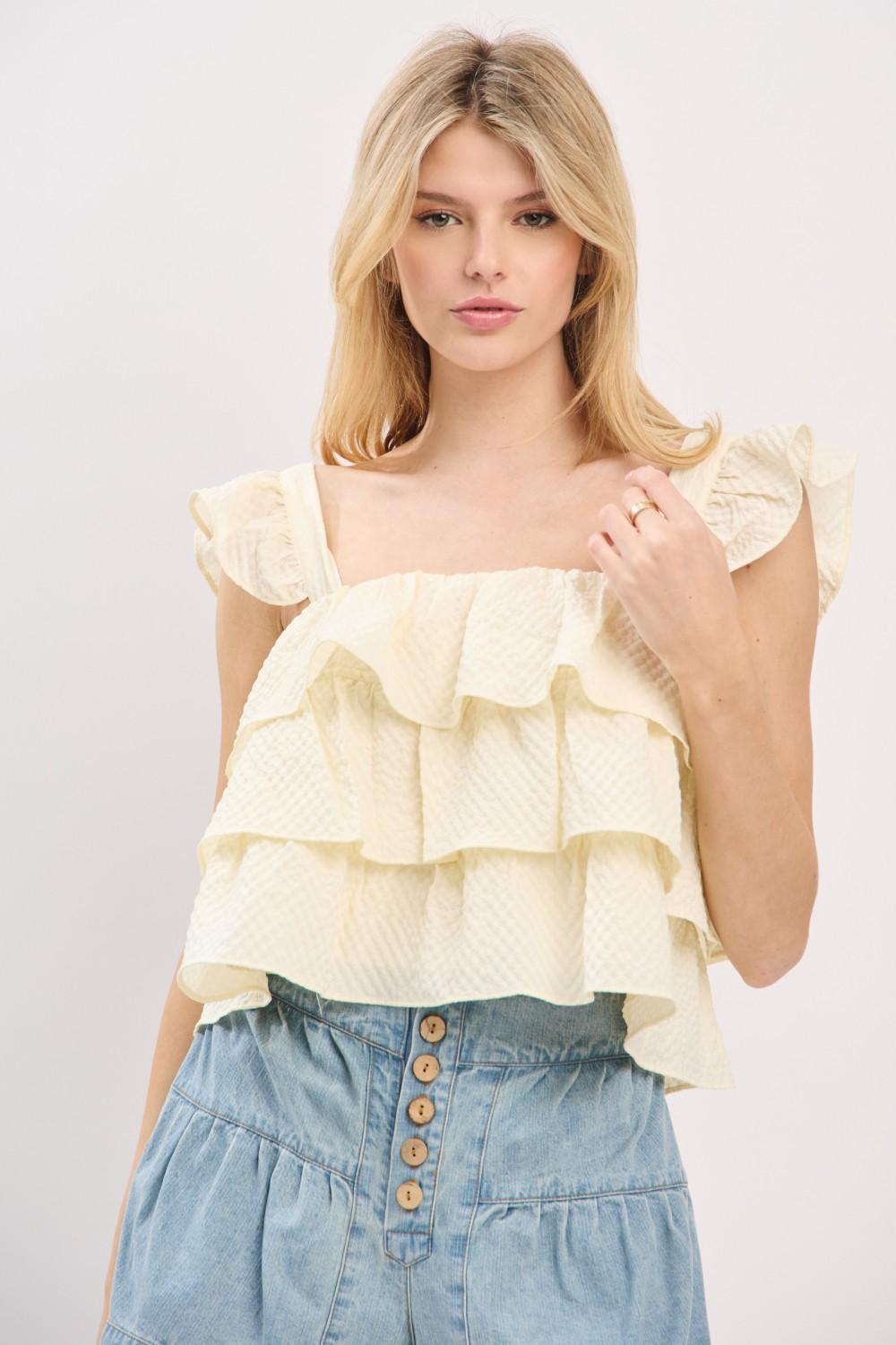 NATURAL RUFFLE SLEEVELESS TIERED TOP