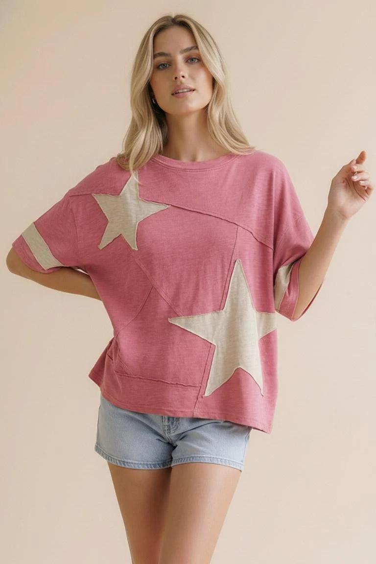 Star Patchwork Cotton Blended Slub Knit Top