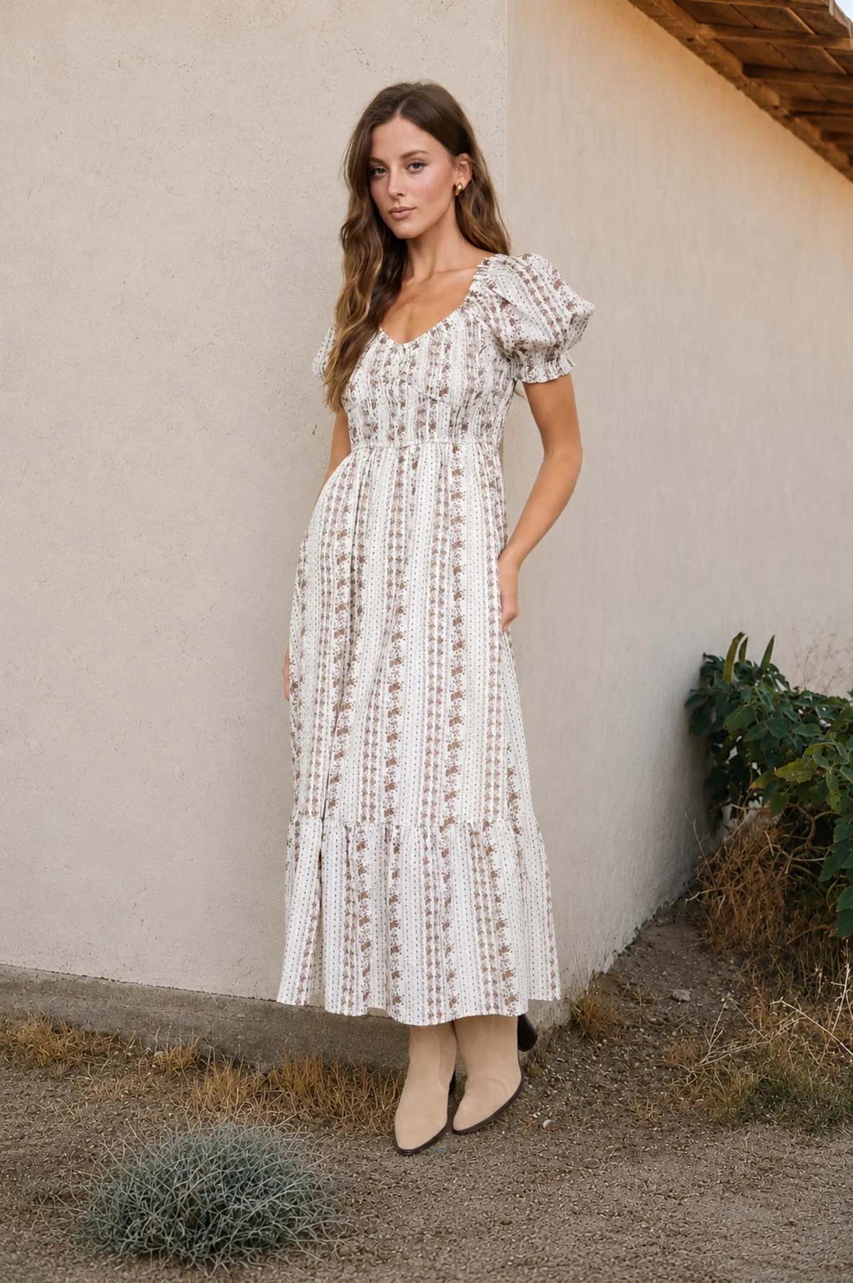 BROWN FLORAL STRIPE PUFF SLEEVE RUFFLED MIDI DRESS