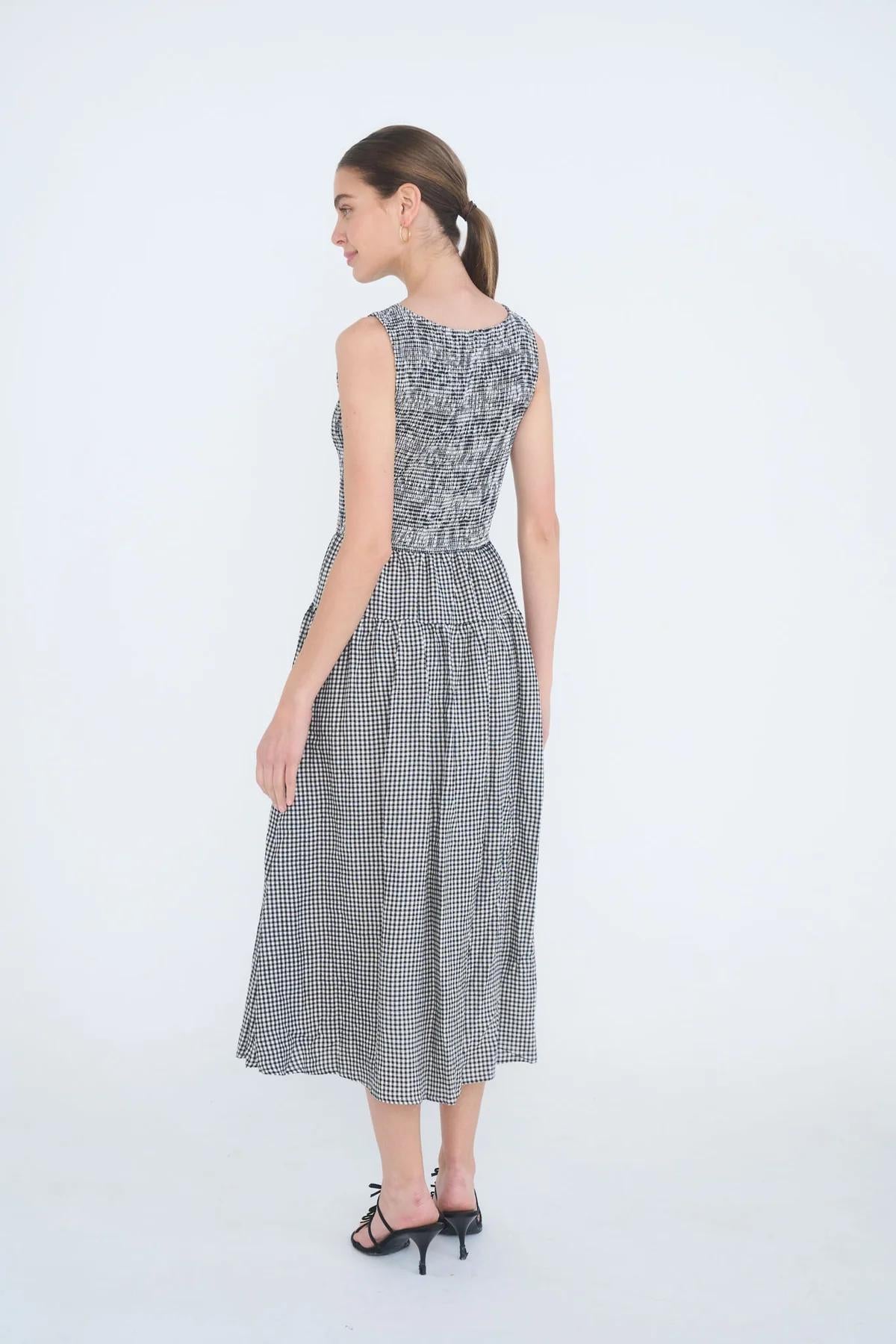 BLACK SMOCKED GINGHAM TIERED SLEEVELESS MIDI DRESS