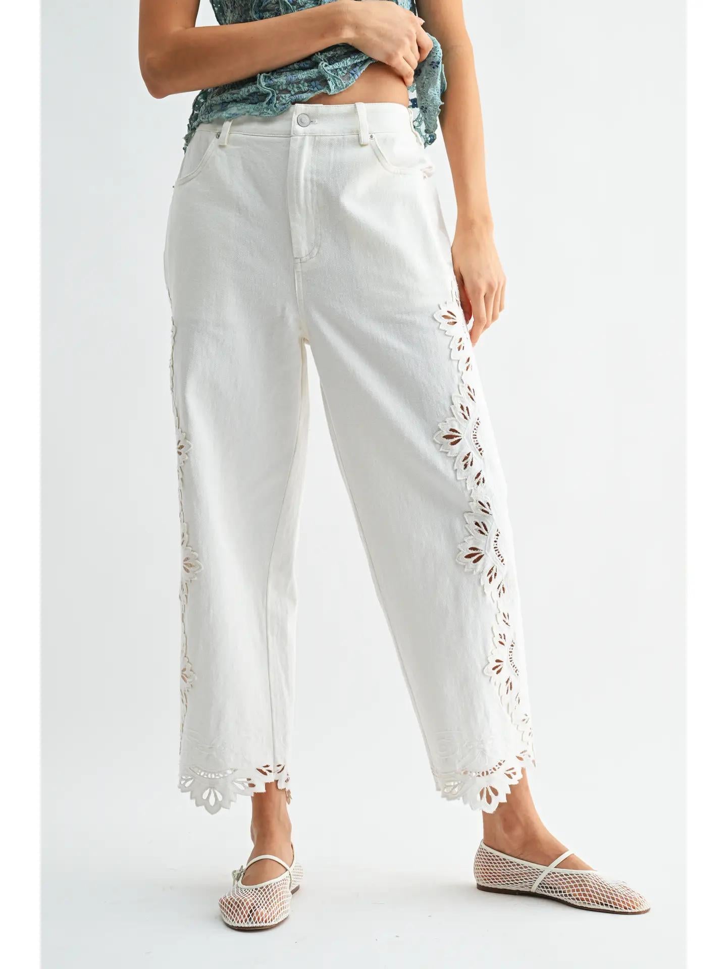 Cropped Pants Intricate Eyelet Embroidery