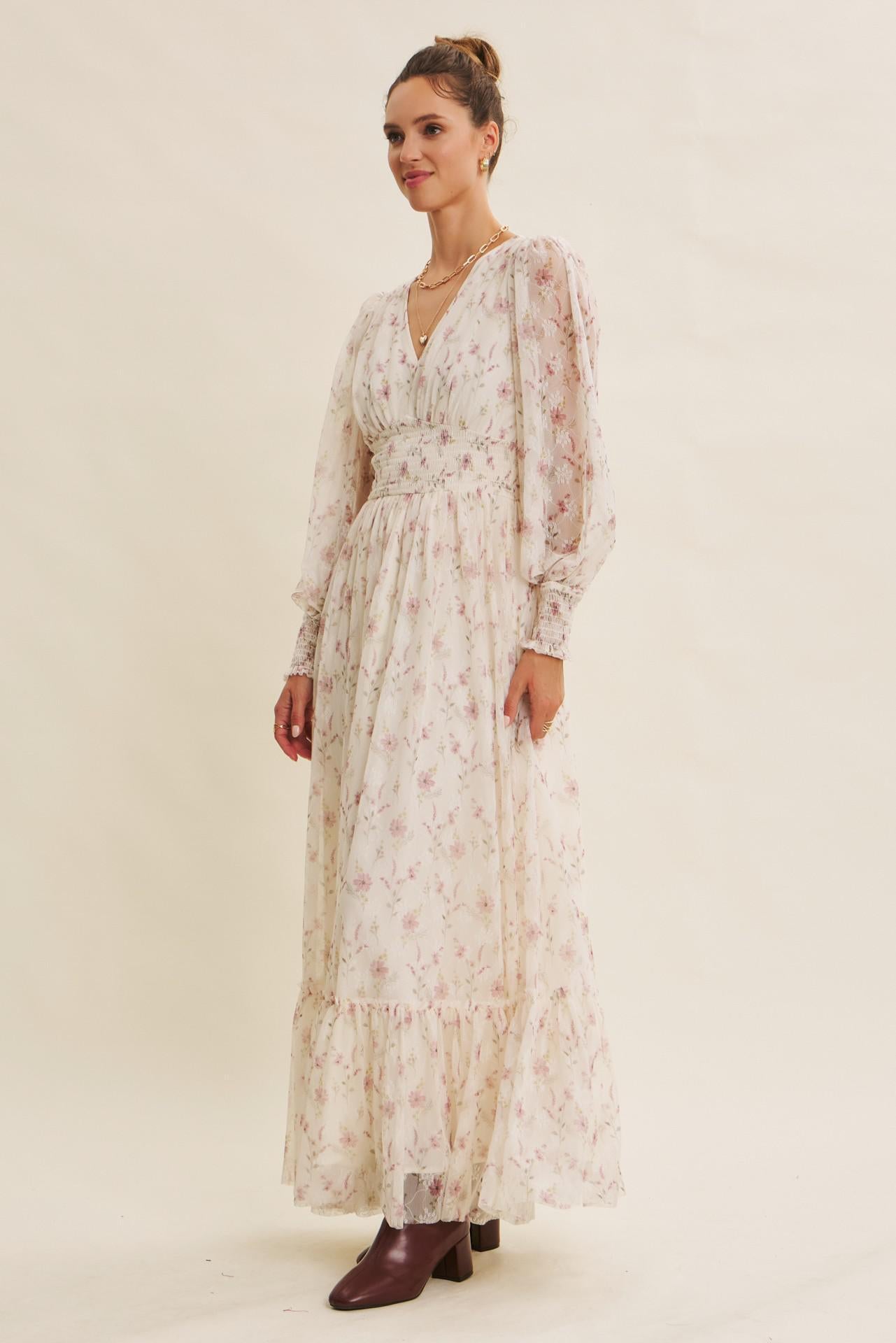 Dreamy Floral Mesh Maxi Dress With Smocked Waist