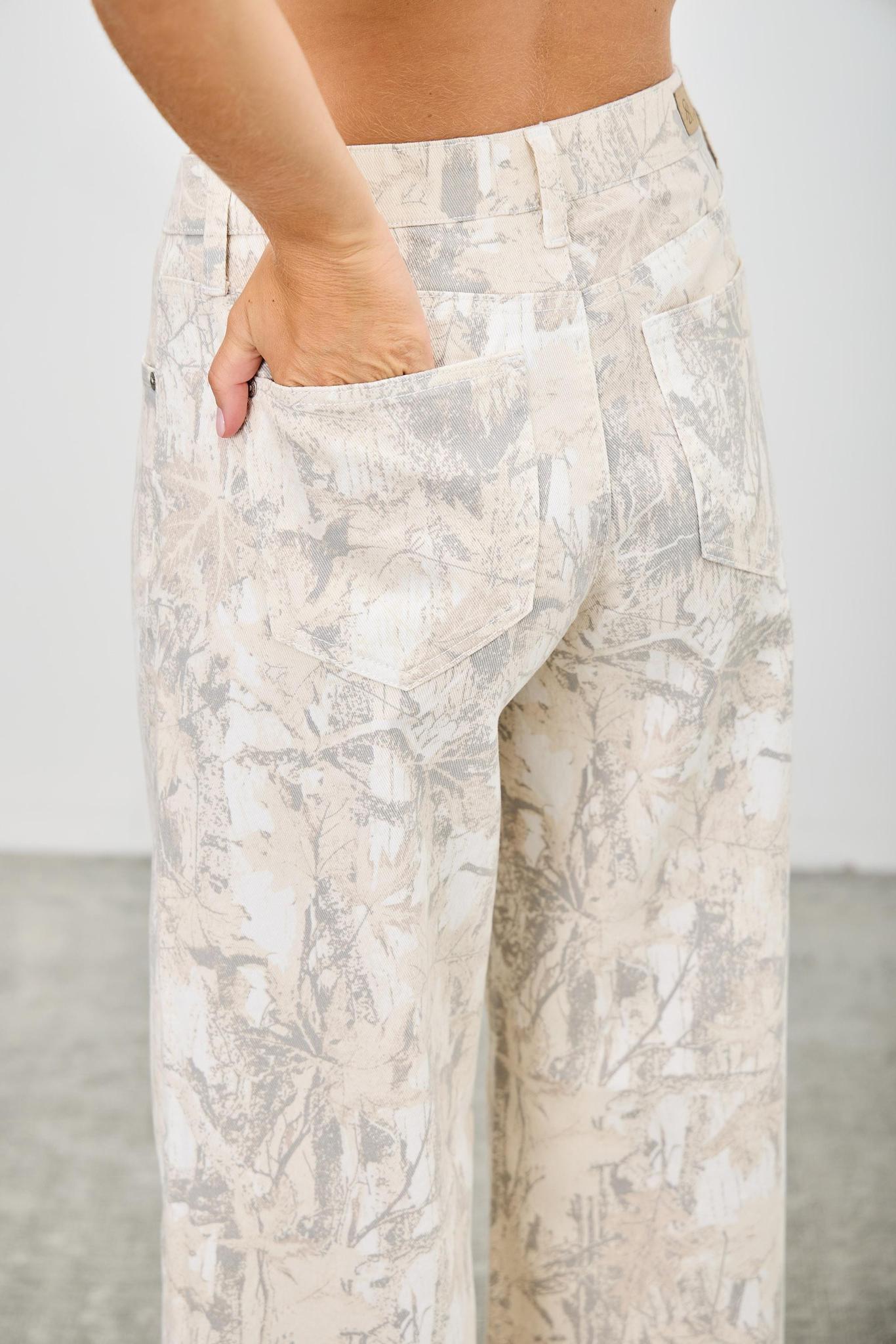 White Camo Mid Rise Printed Wide Straight