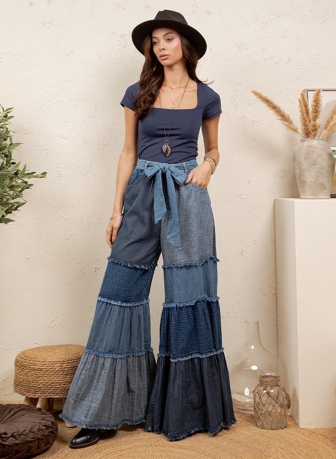 Boho Mixed-wash Multi-tier Denim Tie-waist Bell-bottom Pant
