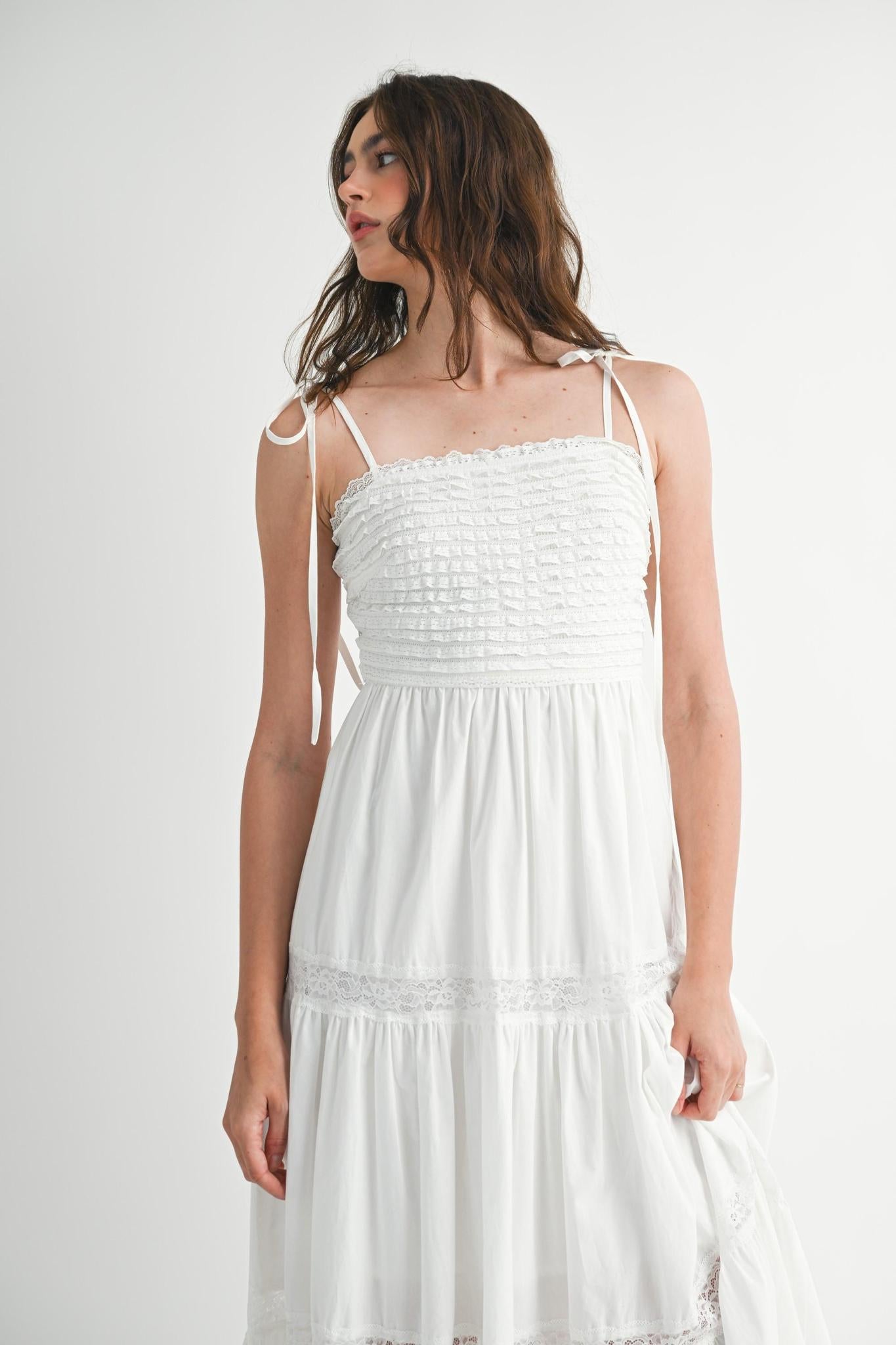 Ruffle Textured Self Tie Lace Trim Midi Dress