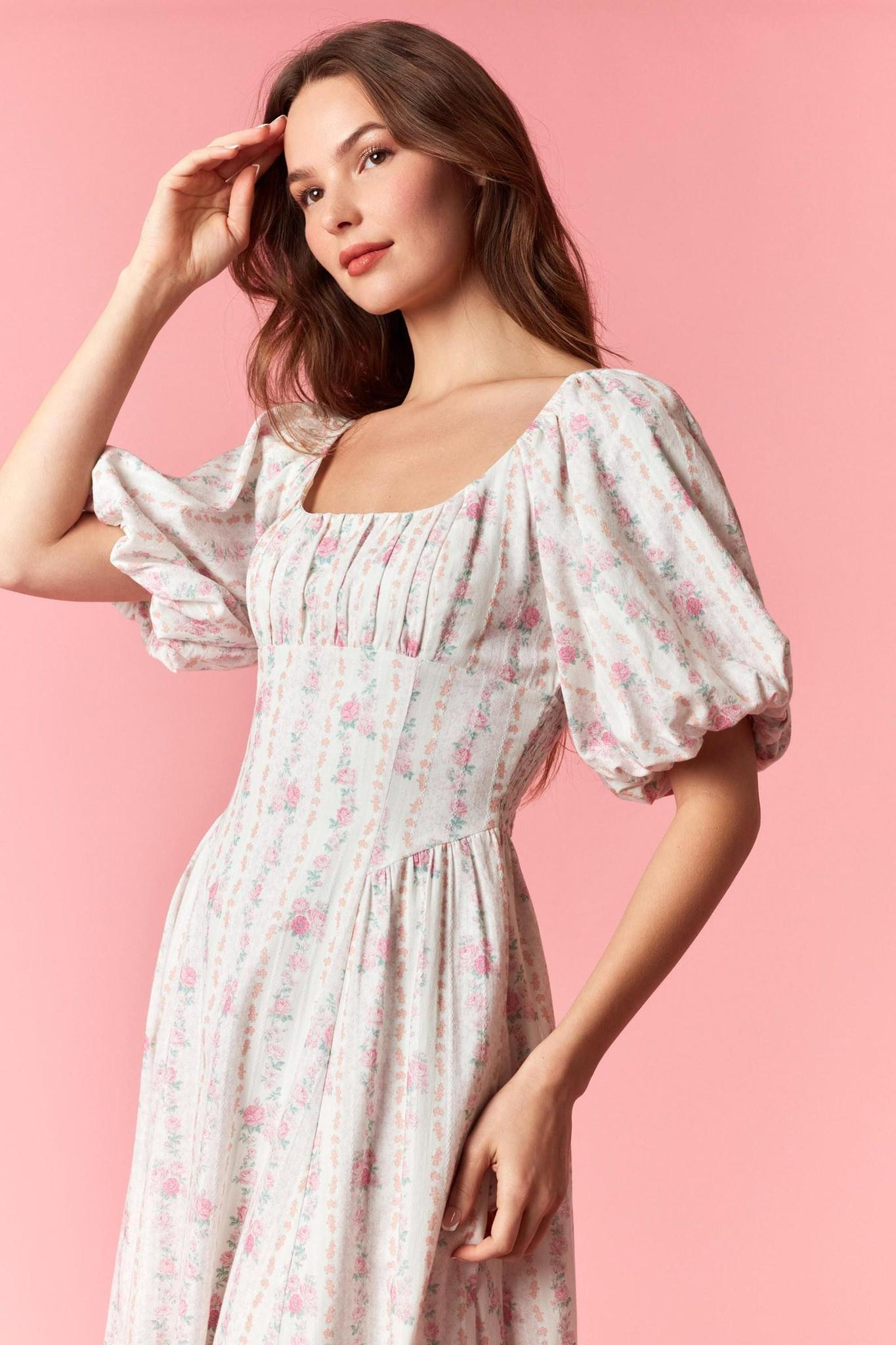 Striped Floral Bubble Sleeve Pleat Detail Dress