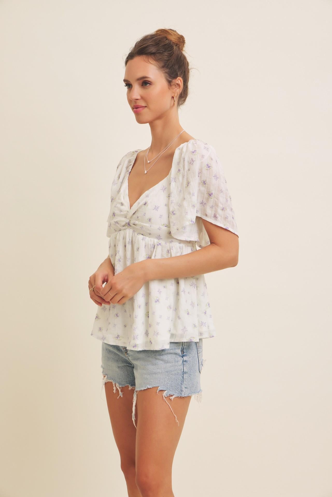 Sheer Crinkled Floral Blouse Knotted Front