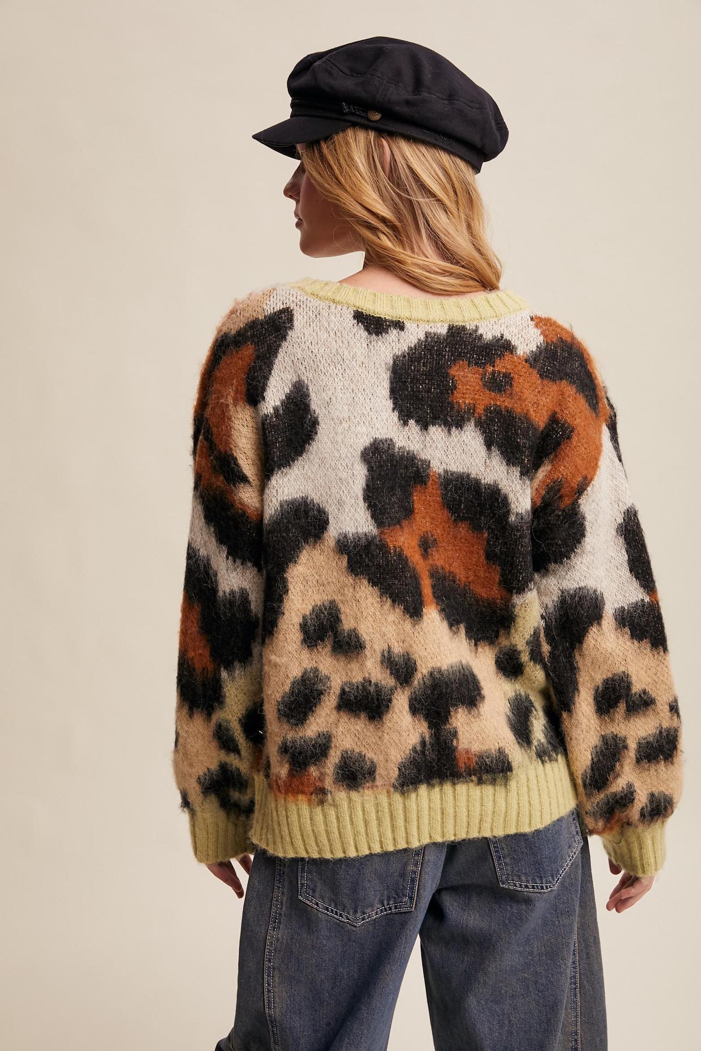 Fuzzy Abstract Leopard Knit Pullover Sweater