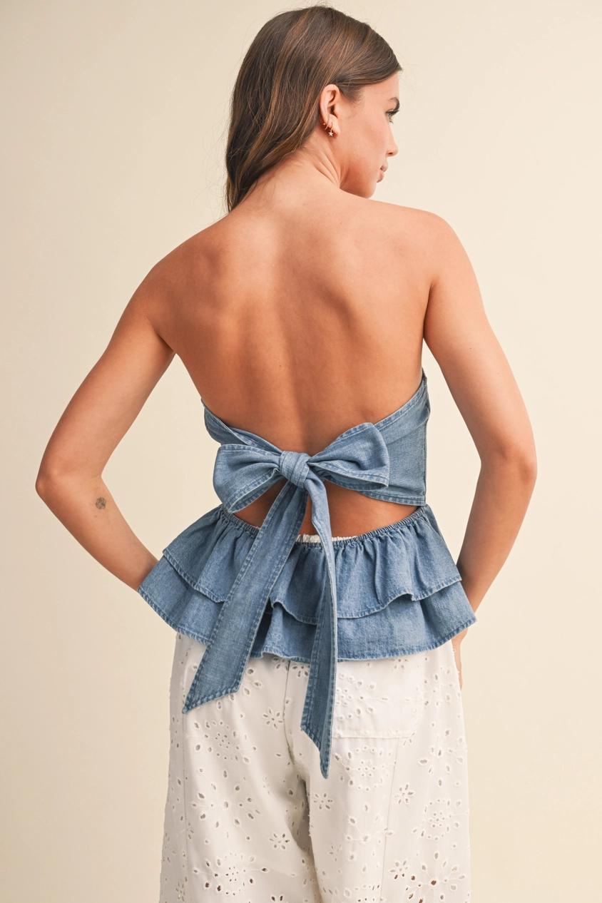Denim Tiered Peplum Top with Tie Back Detail
