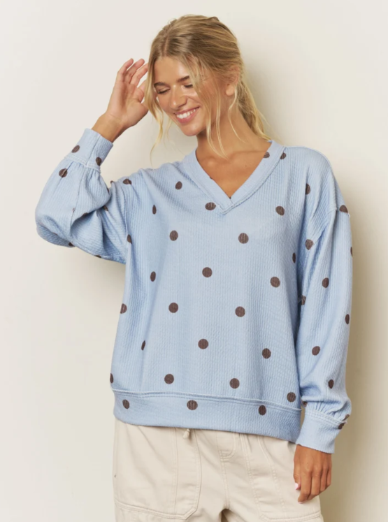 LIGHT BLUE - POLKA DOT LONG SLEEVE TEXTURED KNIT TOP