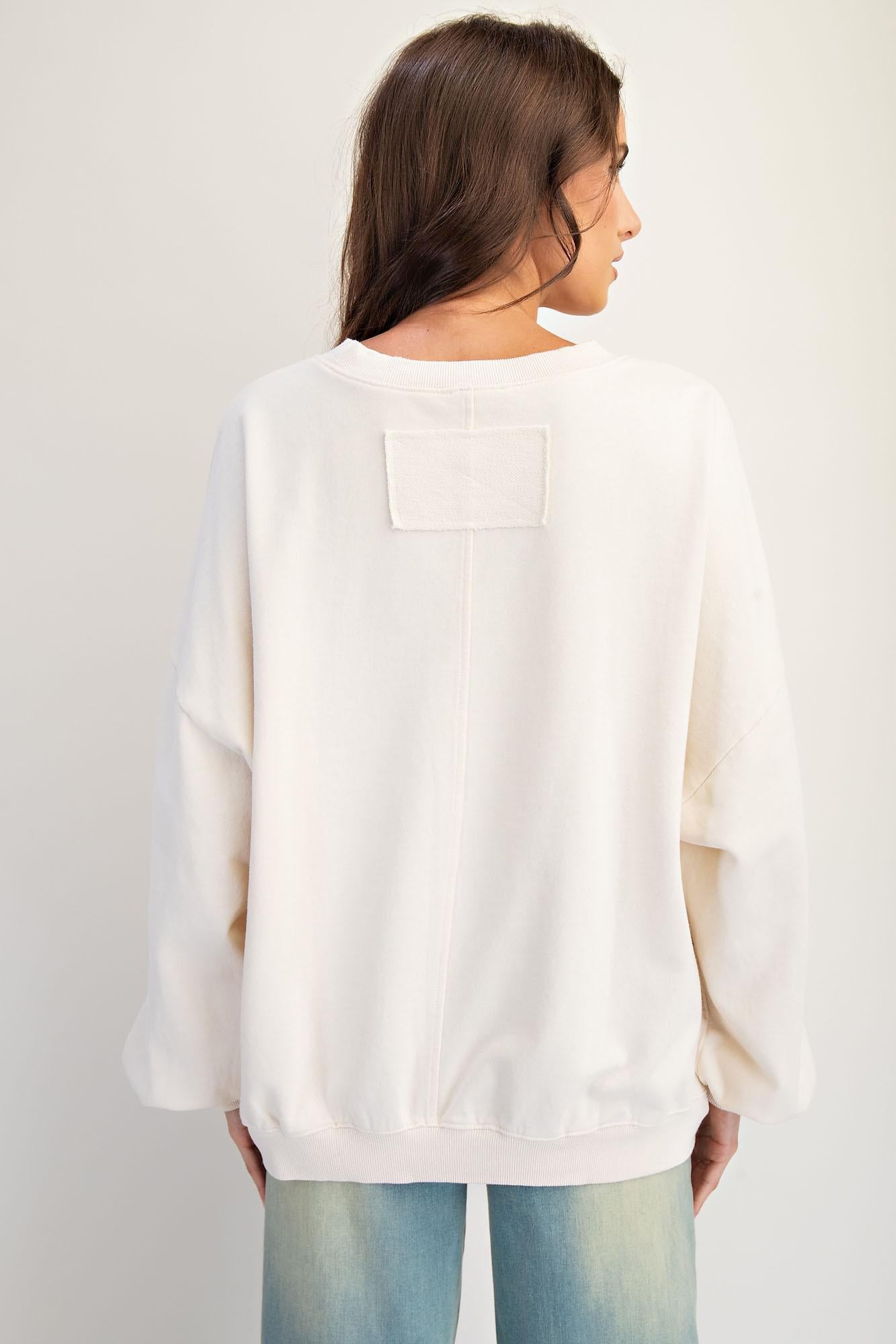 Bow Print Front Washed Terry Pullover