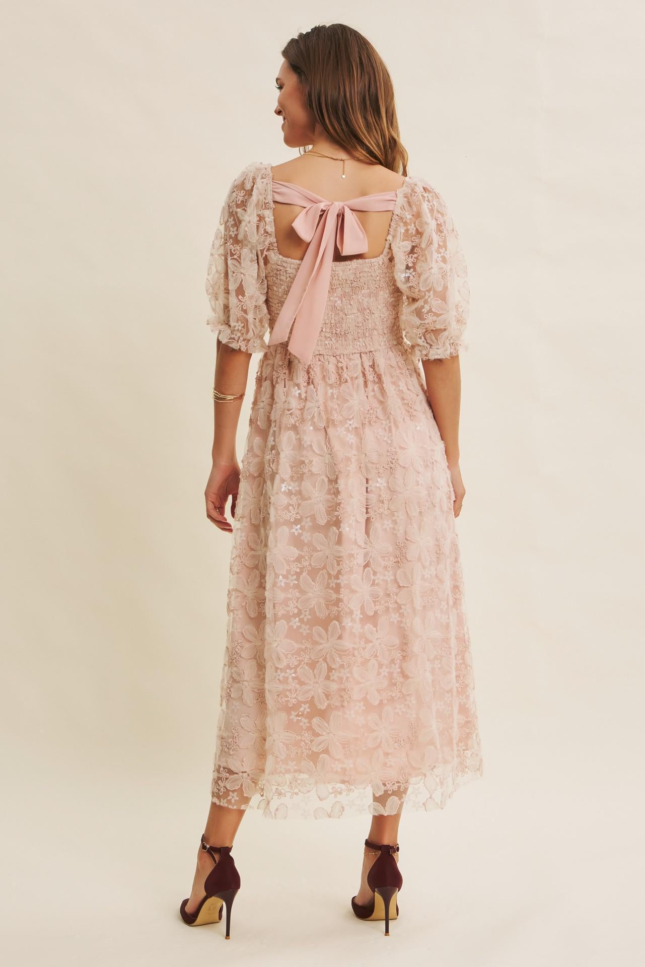Dusty Pink Sheer Floral Sequin Midi Dress
