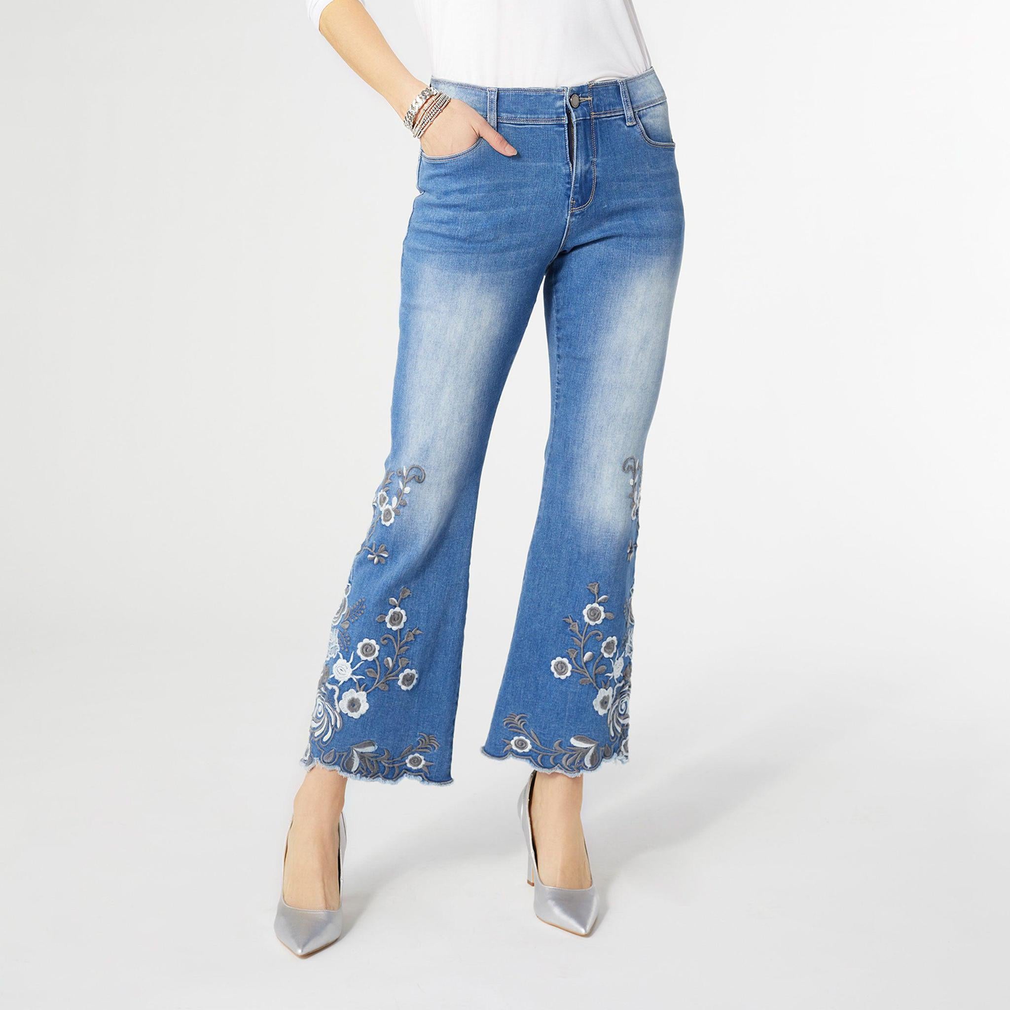 OMG Zoey Zip Flare Embroidered with Scallop Bottom - Medium Denim