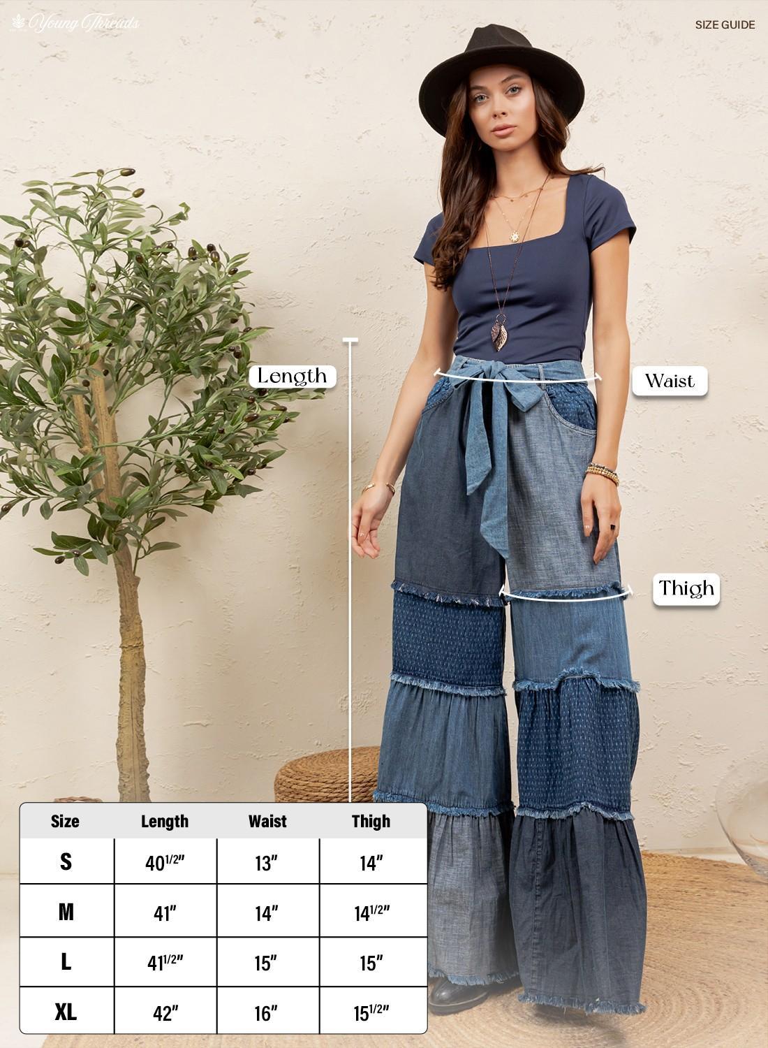 Boho Mixed-wash Multi-tier Denim Tie-waist Bell-bottom Pant