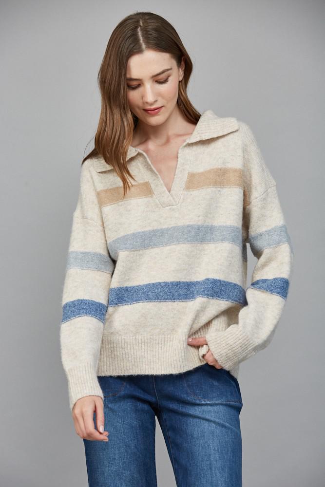 Ribbed Wide Collar With V-slit Striped Sweater