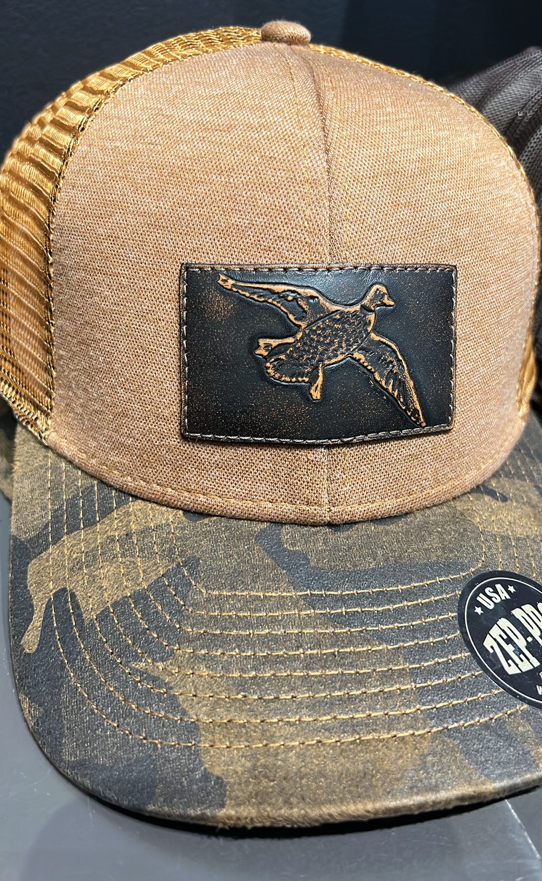 Mallard Leather Camo Rust Patch Hat