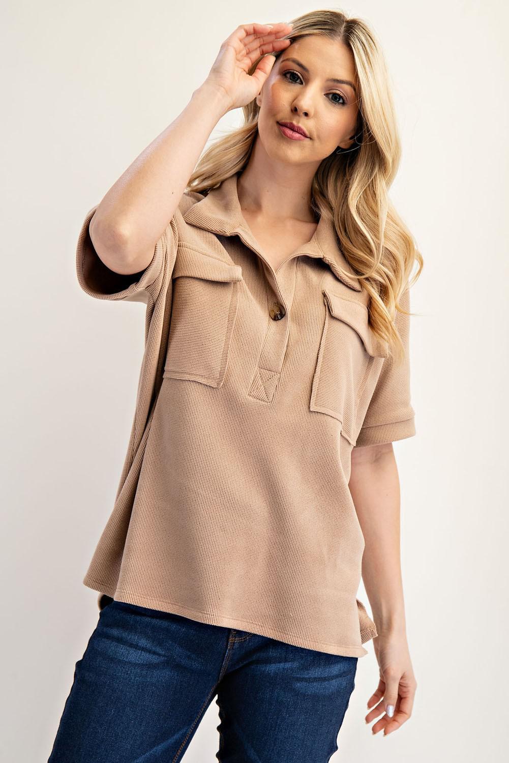 WAFFLE SOLID COLOR TOP WITH FRONT POCKETS