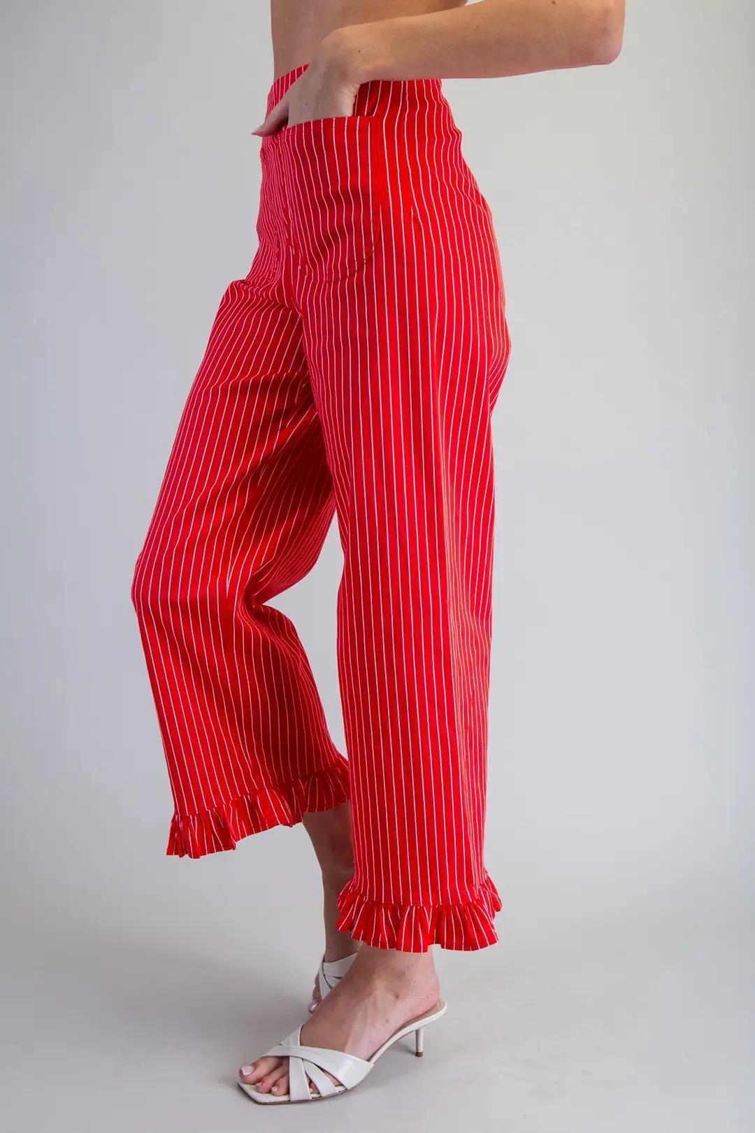 Cherry Red Straight Leg Striped Ruffled Pants