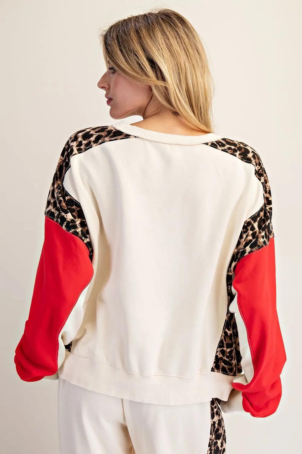 Leopard Color Block Dropped Shoulder Pullover