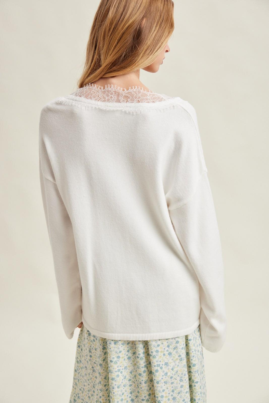 Off-White Lace Trim V-neck Sweater