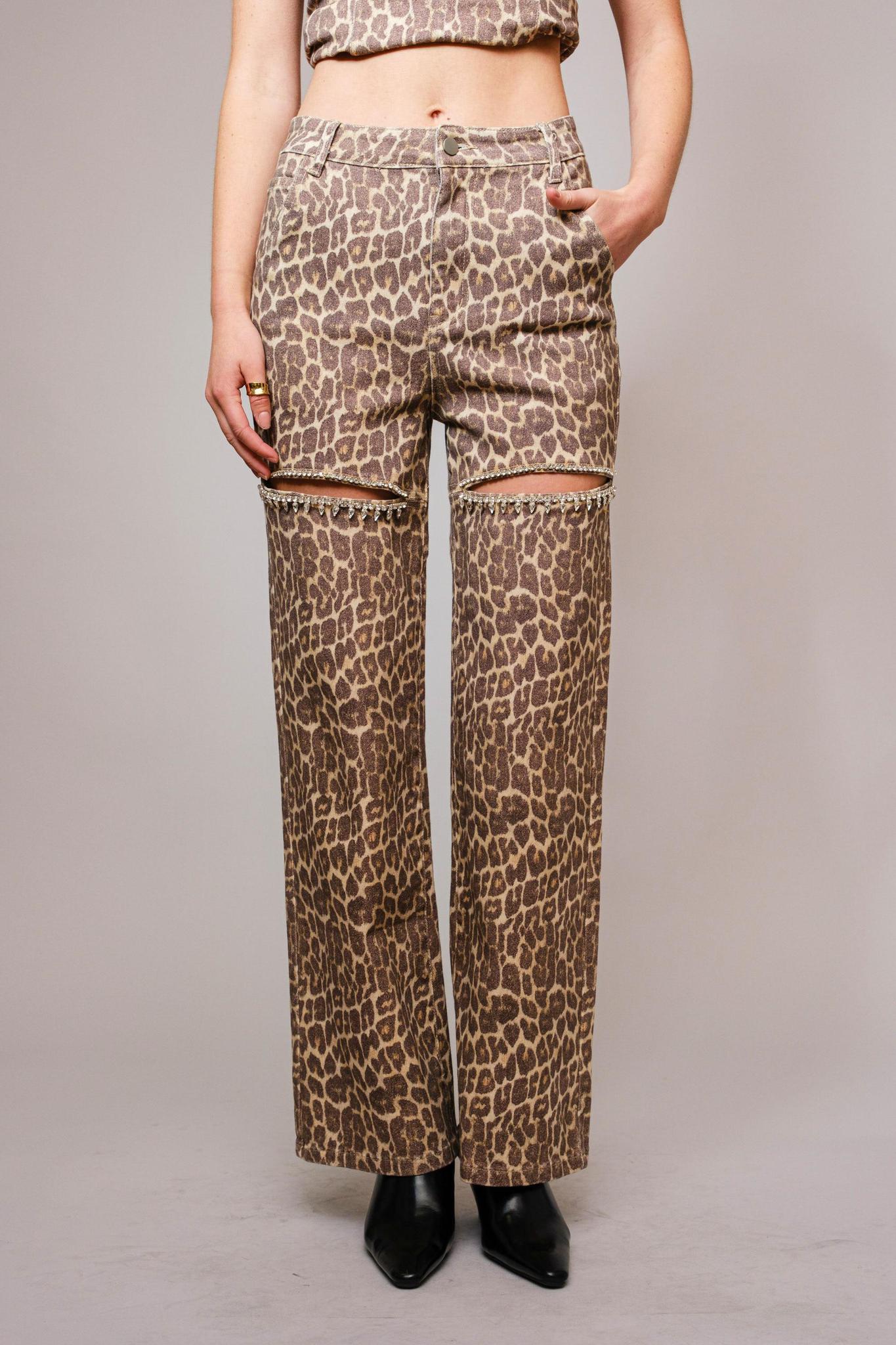 Leopard Print Rhinestone Cutout Jeans