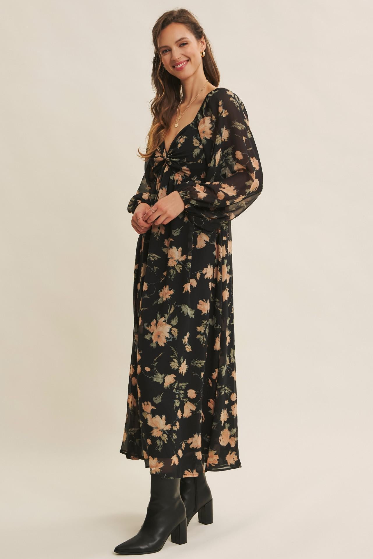 Crepe Chiffon Midi Dress With Knotted Bust