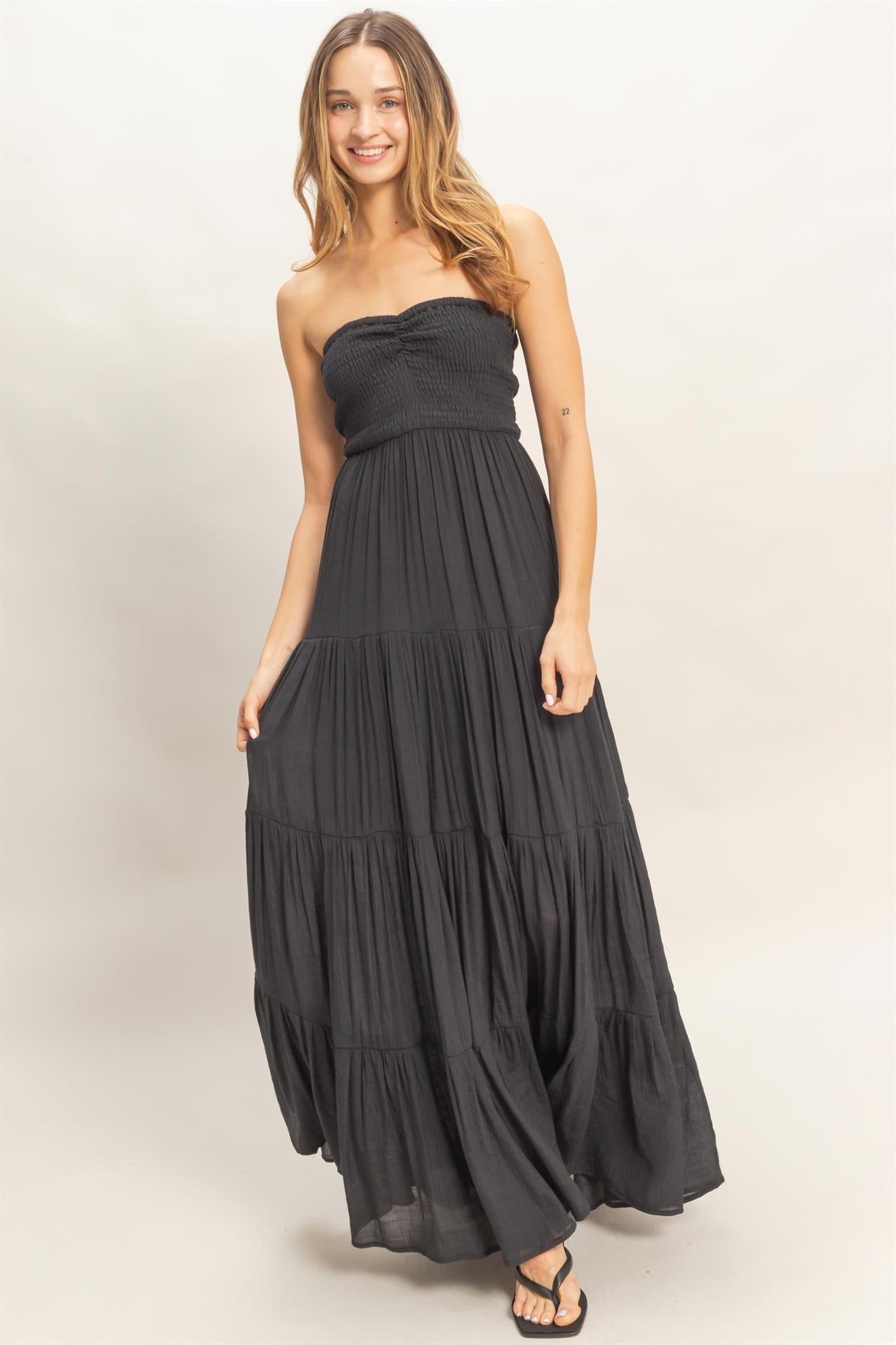 Black Smocked Elastic Neck Maxi Dress