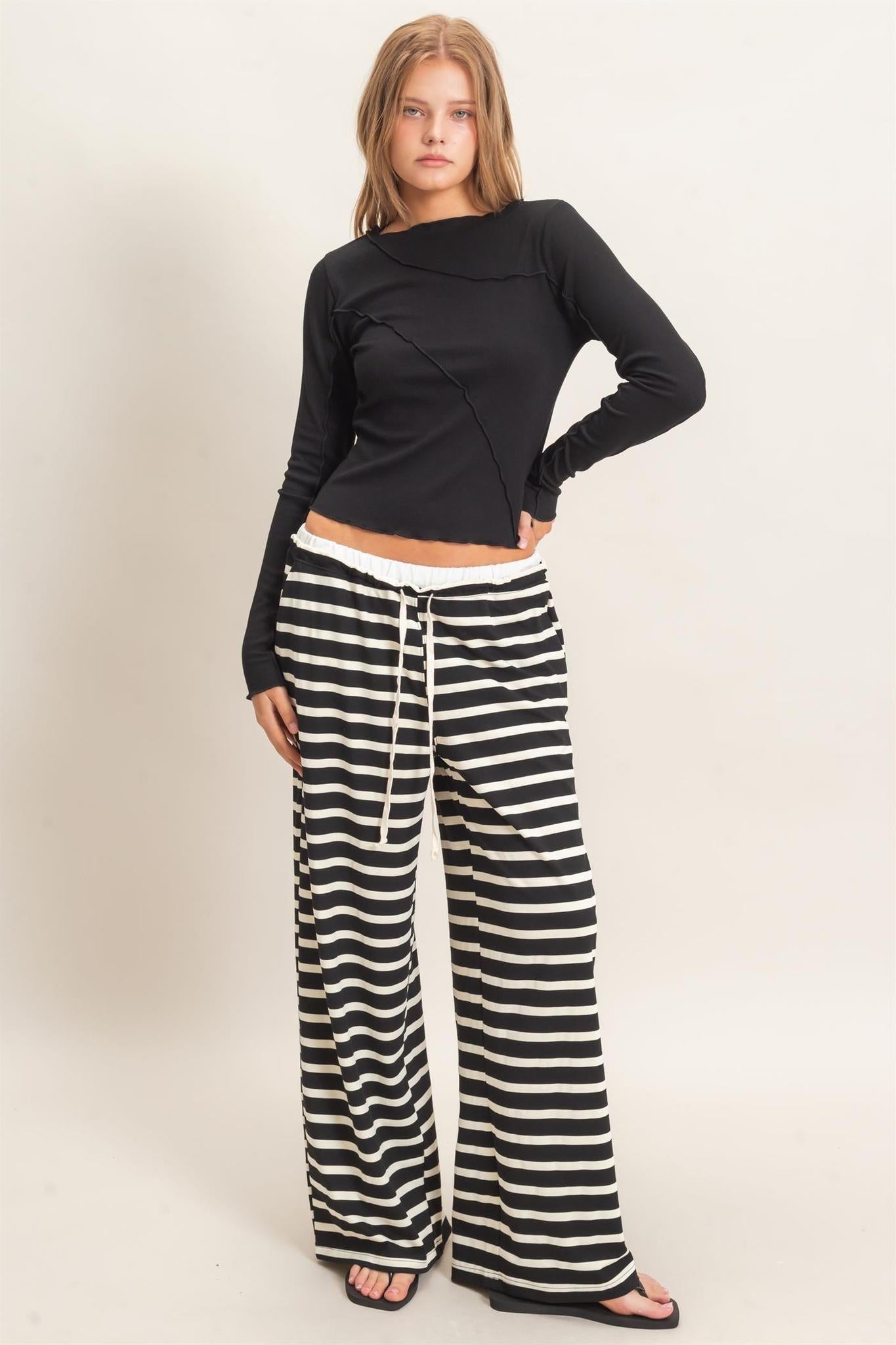 Black/Cream Striped Wide-leg Pants