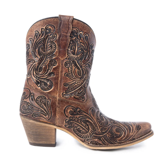 Paisley Vintage Patina Western Booties in Tawny Brown